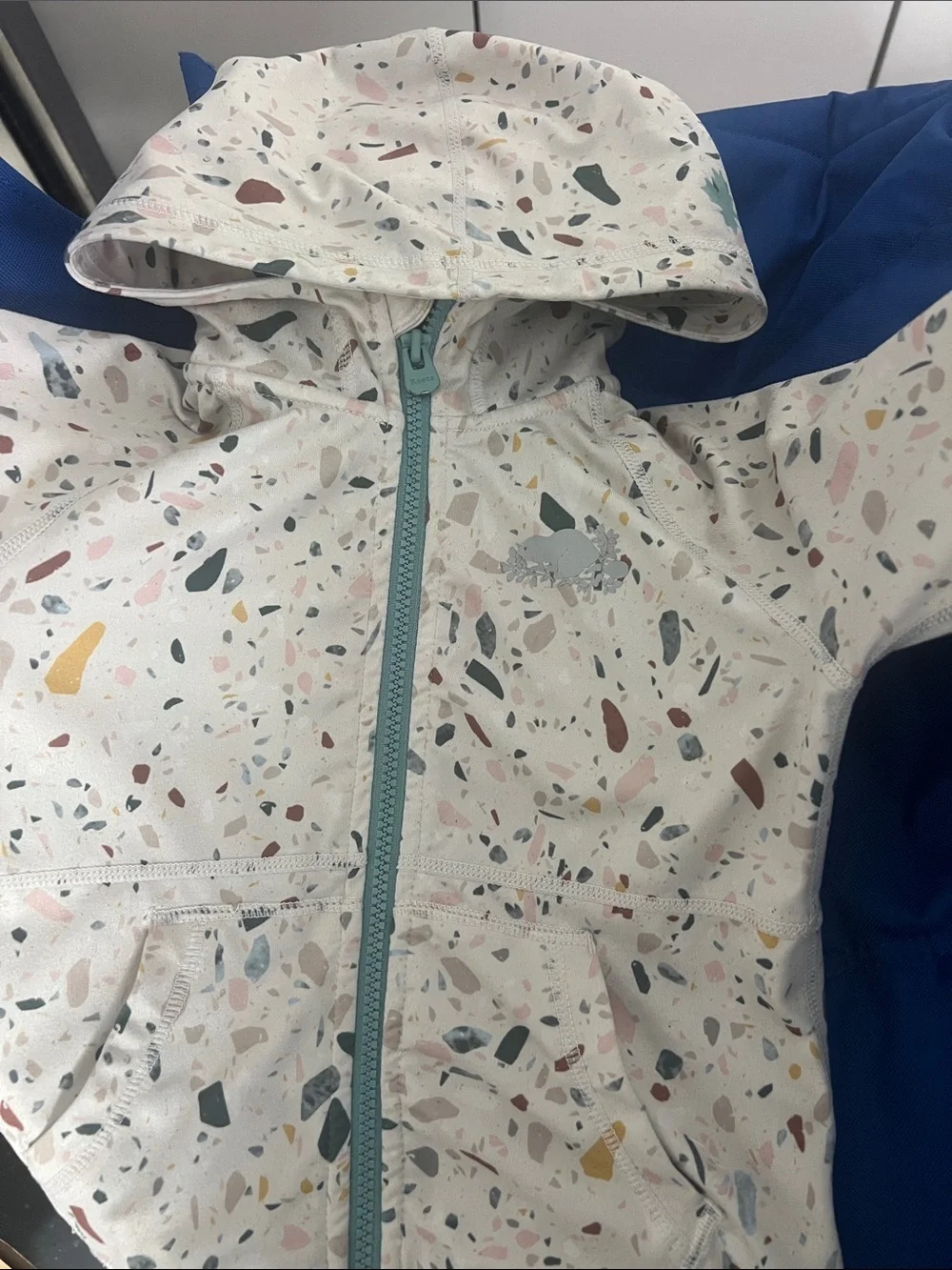 Roots Kids Cream Terrazzo Hooded Jacket with Teal Zip